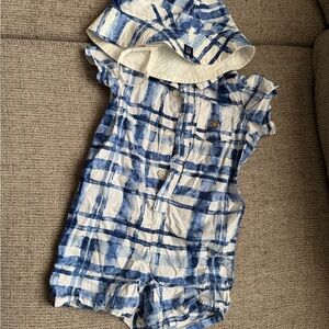 Baby GAP Blue and White Checkered Baby Romper with Hat